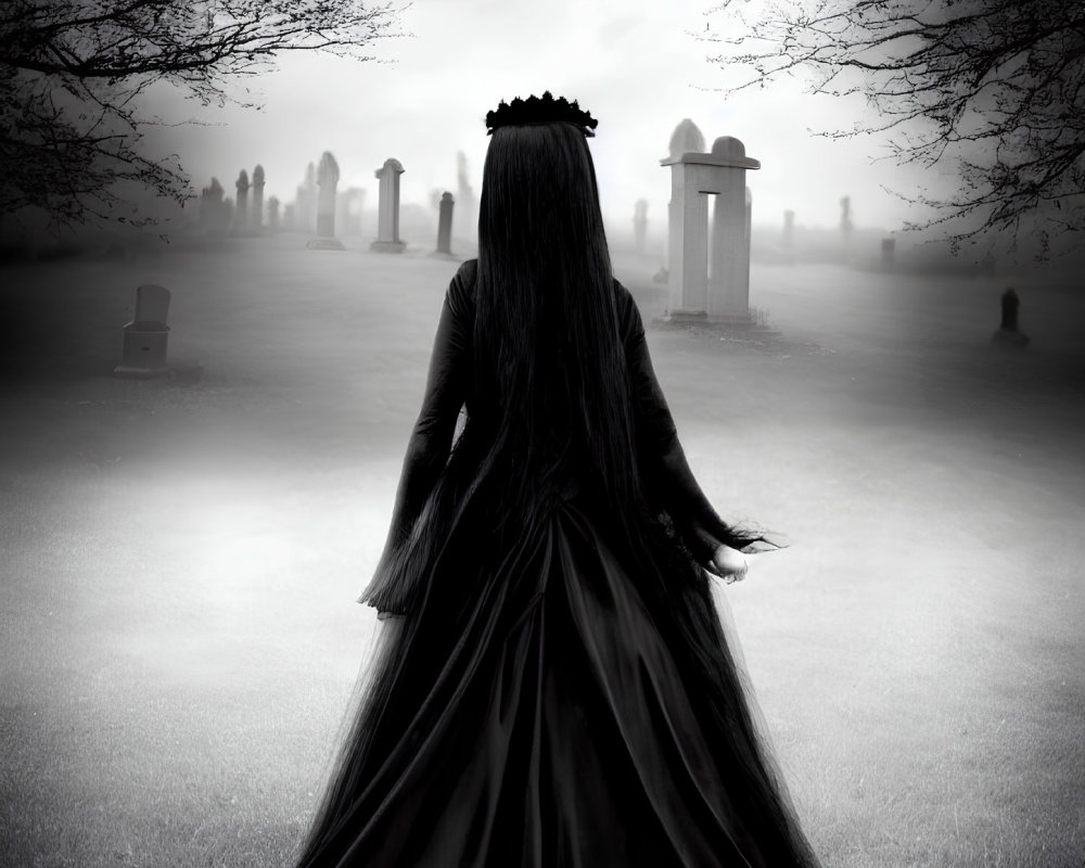 Woman in black dress with crown in misty graveyard scene