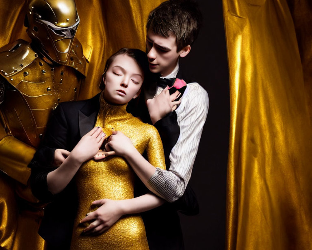 Stylized photo featuring woman in gold dress, man in suit, and knight's armor against gold