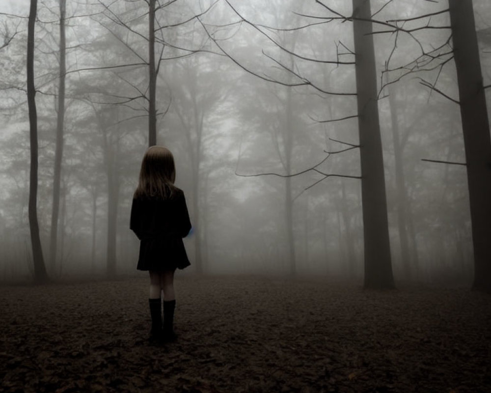 Young girl in foggy forest with bare trees and fallen leaves.