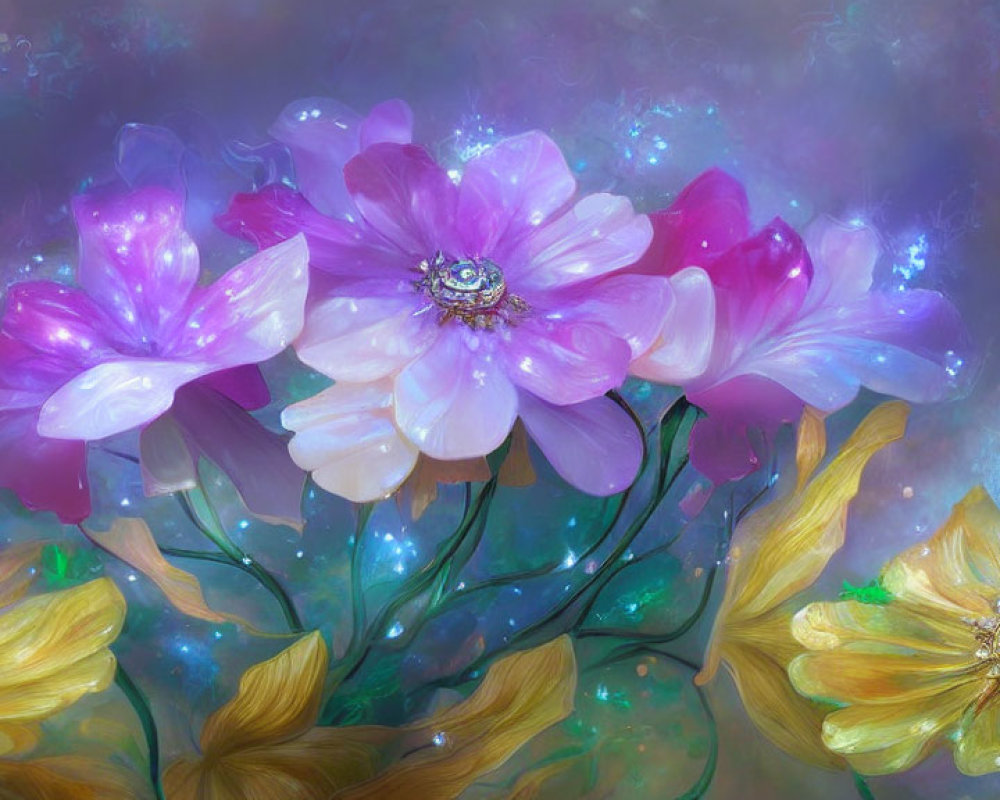 Colorful Flower Artwork with Glowing Centers on Nebula Background