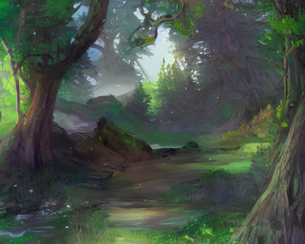 Lush Forest Scene with Stream and Sunlight