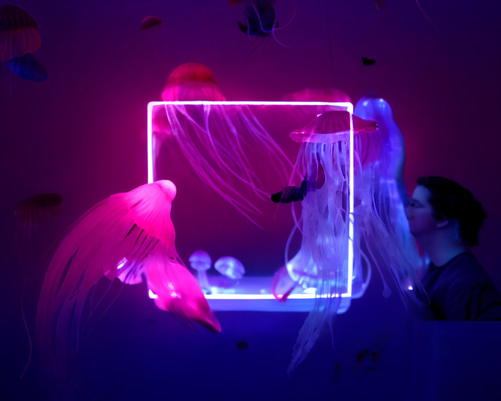 Glowing jellyfish in dark room with neon pink light installation