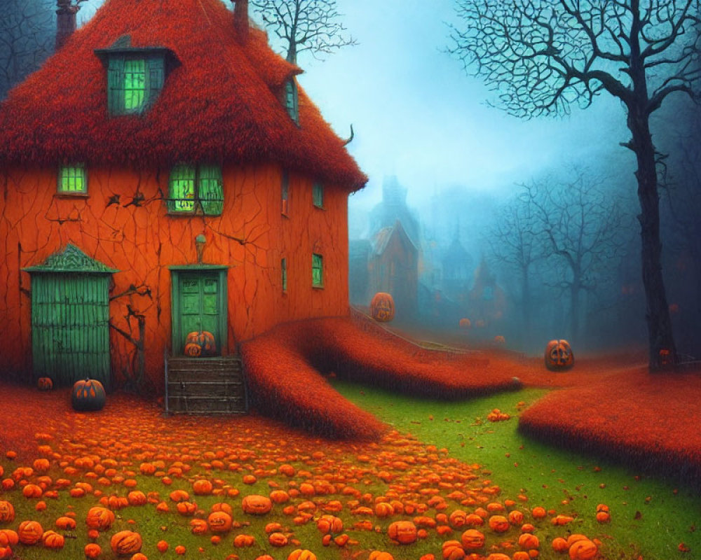 Thatched roof cottage in autumn fog with pumpkins