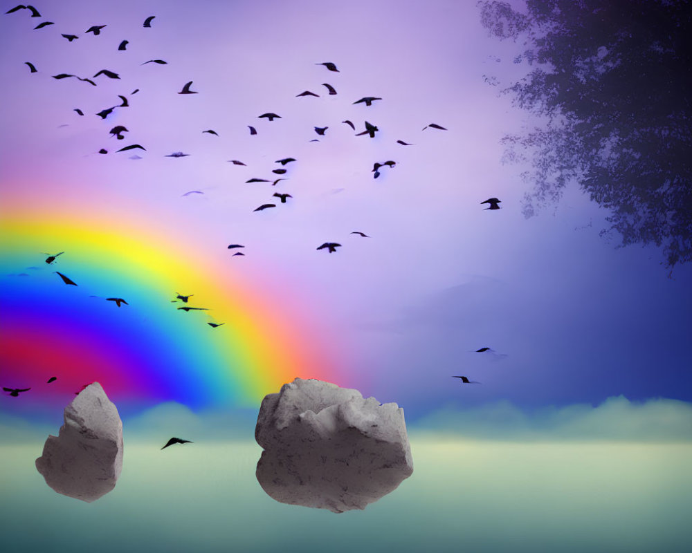 Birds flying in purple sky with rainbow, floating rocks above misty landscape