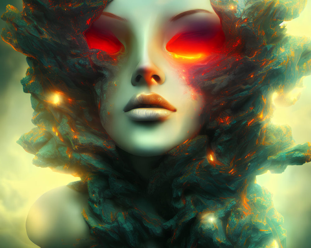 Surreal portrait with glowing red eyes and blue-green cloud-like texture on face against yellow backdrop