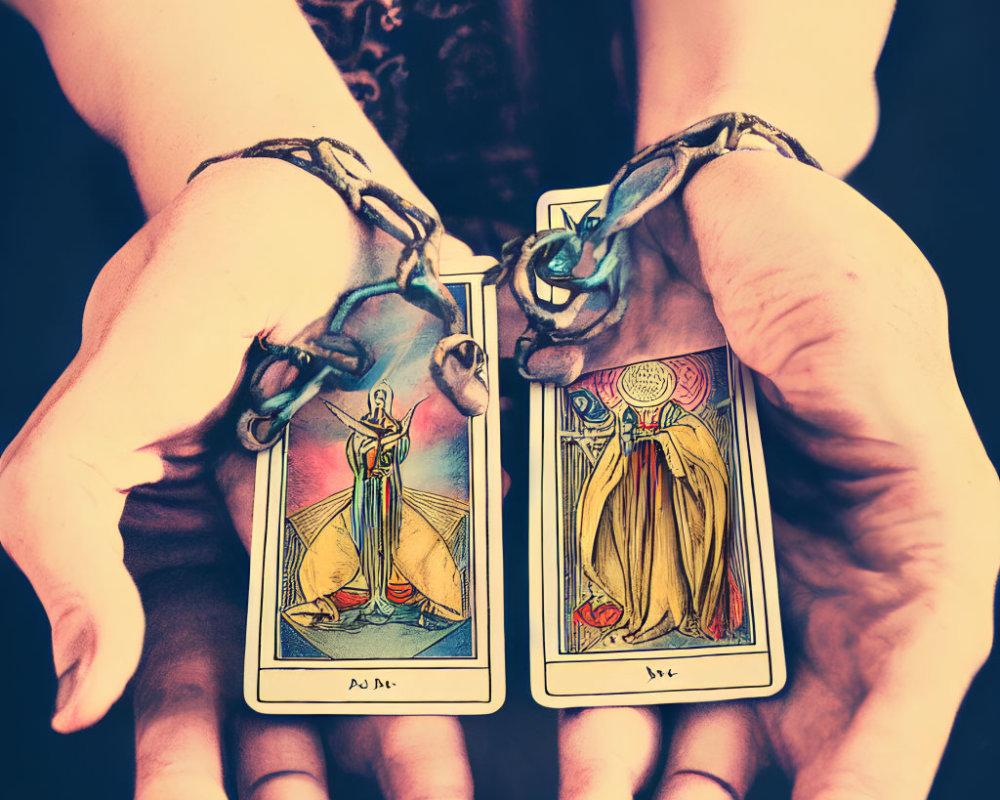 Hands in chains holding tarot cards on dark background