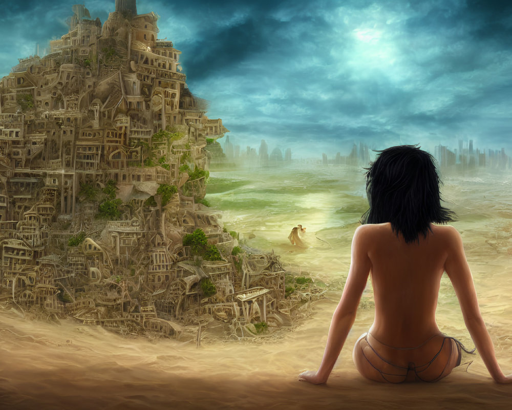 Person sitting in desert with castle-like city and ruins under dramatic sky