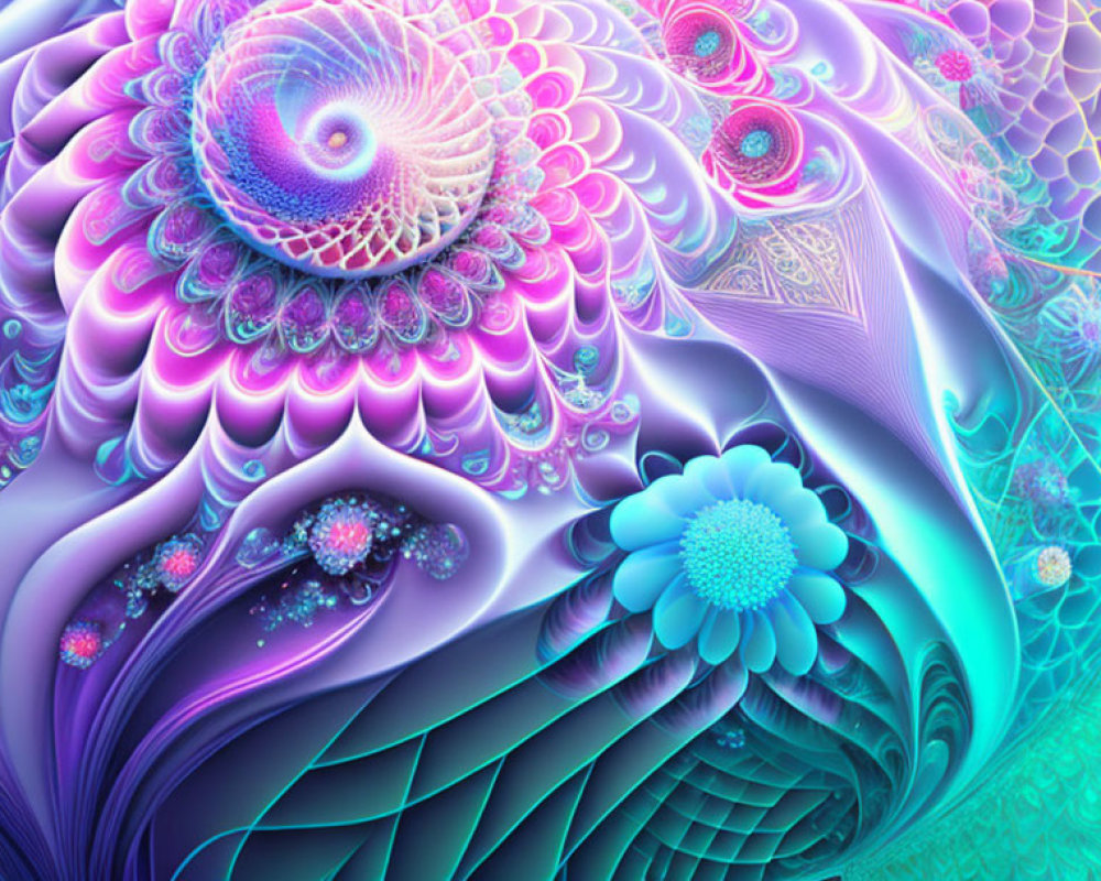 Detailed Fractal Pattern Art in Blue, Pink, and Purple
