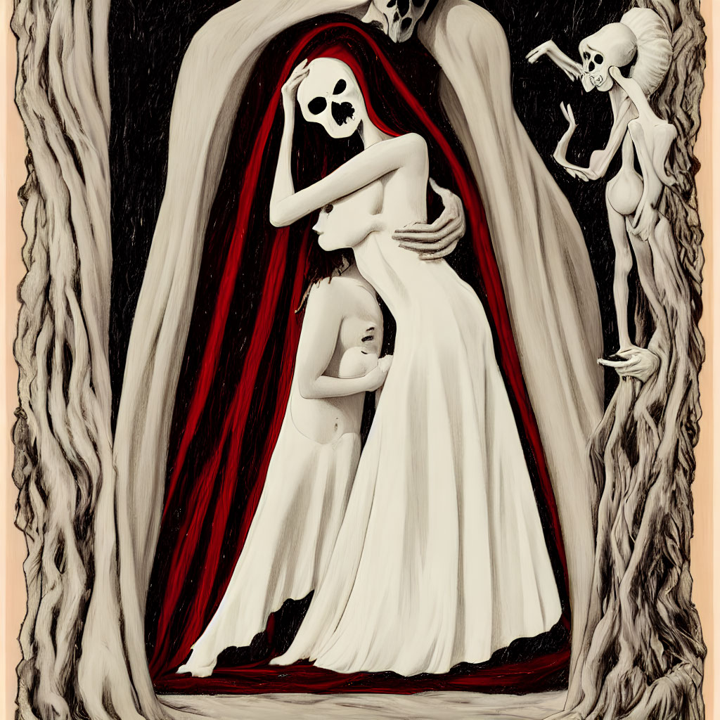 Surreal artwork with skeletal figures embracing a woman in white dress