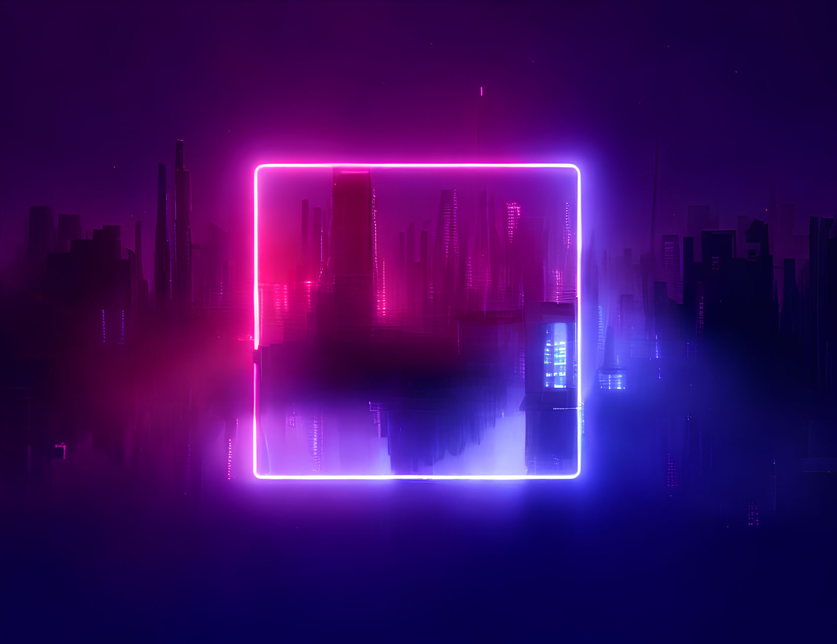 Neon pink and blue cyberpunk cityscape with glowing rectangle and skyscrapers on dark surface