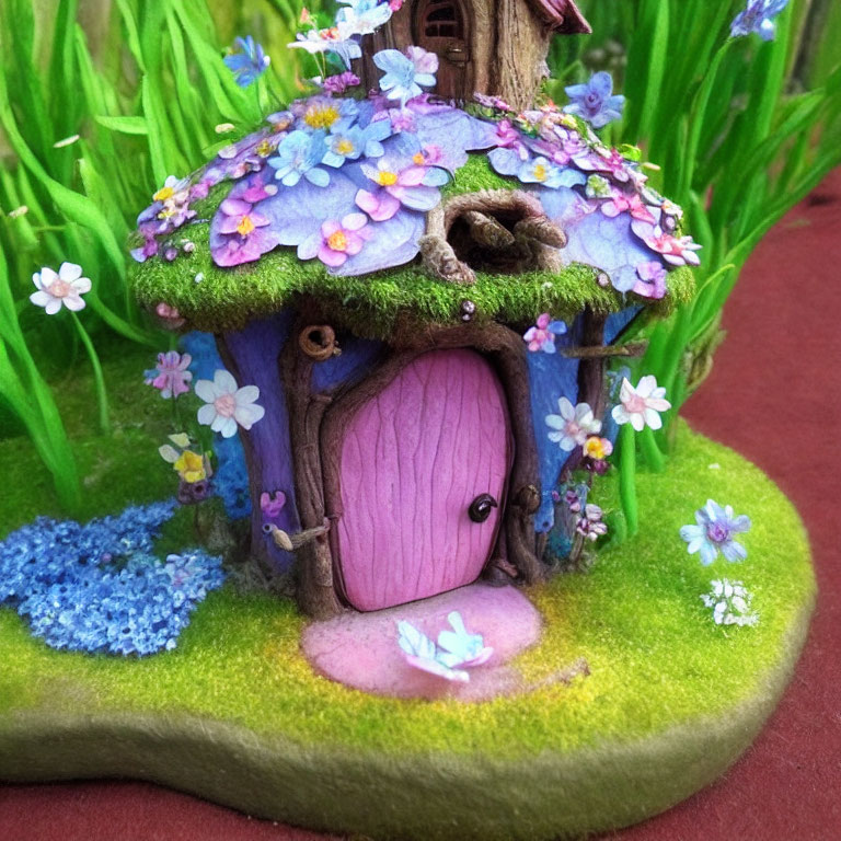 Whimsical fairy house with purple door and flower-covered roof