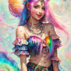 Colorful woman illustration with multicolored hair and whimsical attire.
