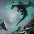 Digital artwork: Dragon vs. warrior in cloudy sky