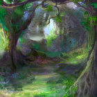 Lush Forest Scene with Stream and Sunlight