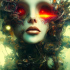 Surreal portrait with glowing red eyes and blue-green cloud-like texture on face against yellow backdrop