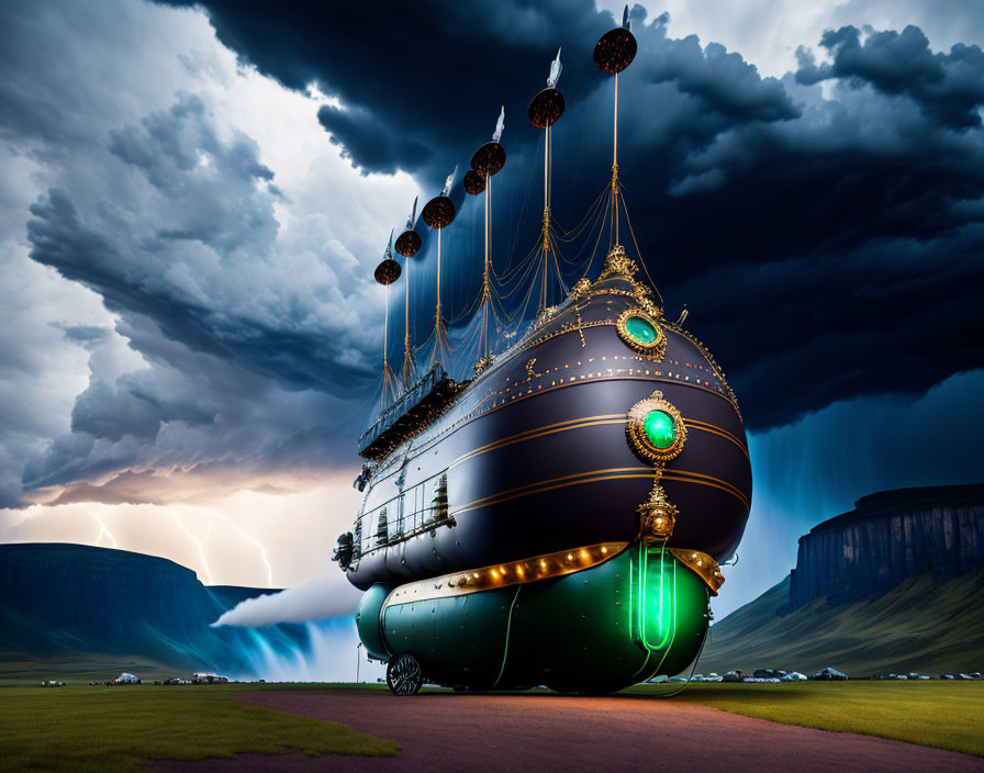 Fantastical airship with sails and ornate decorations in dramatic stormy landscape