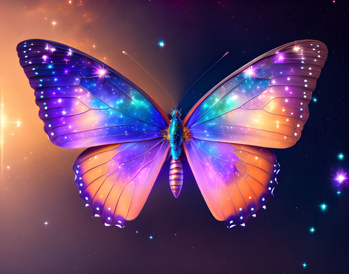 Colorful Butterfly Illustration with Cosmic Wings on Starry Sky Background