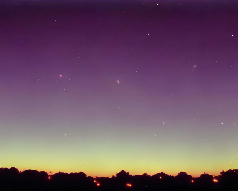 Twilight sky gradient from purple to yellow with stars above tree silhouette.