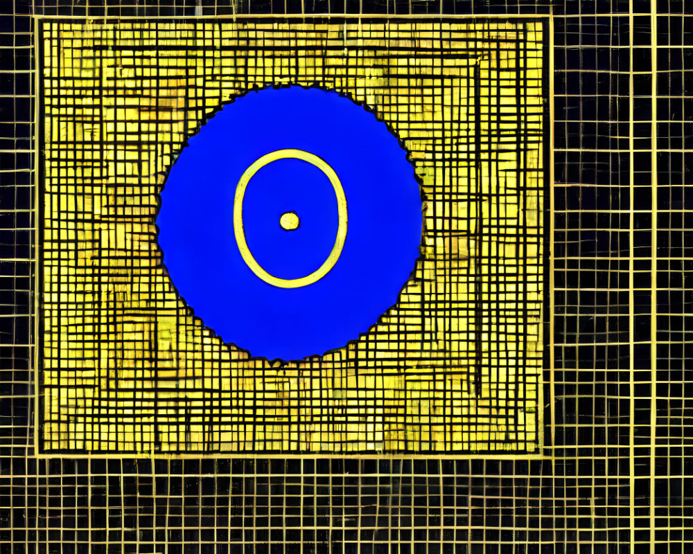 Blue Concentric Circle Design on Grid Background with Yellow Hues