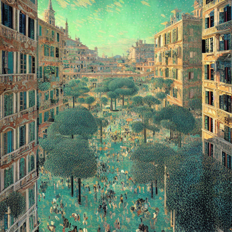 Detailed city square painting with lush trees and people in green and blue palette