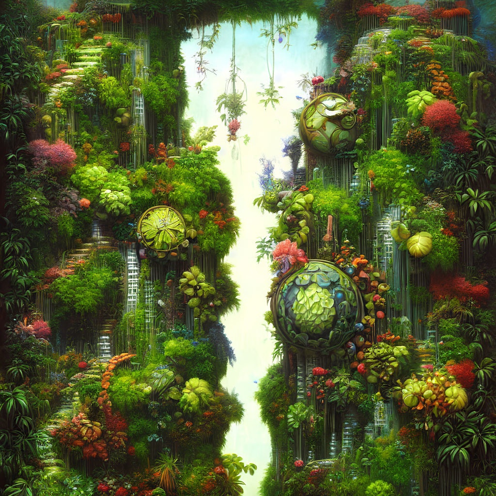 Lush Overgrown Structures and Vibrant Flora in Otherworldly Jungle