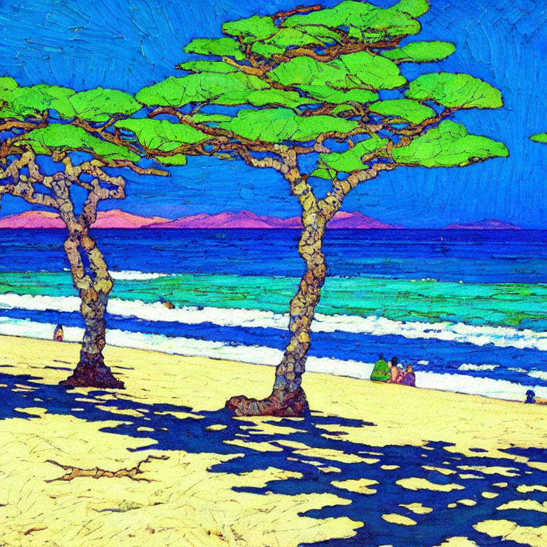 Colorful Van Gogh-Inspired Beach Painting with Twisted Trees