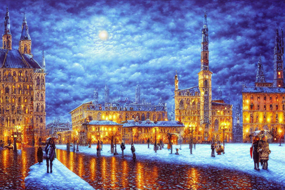 Snowy Square Night Scene with Historical Buildings and Moonlit Sky
