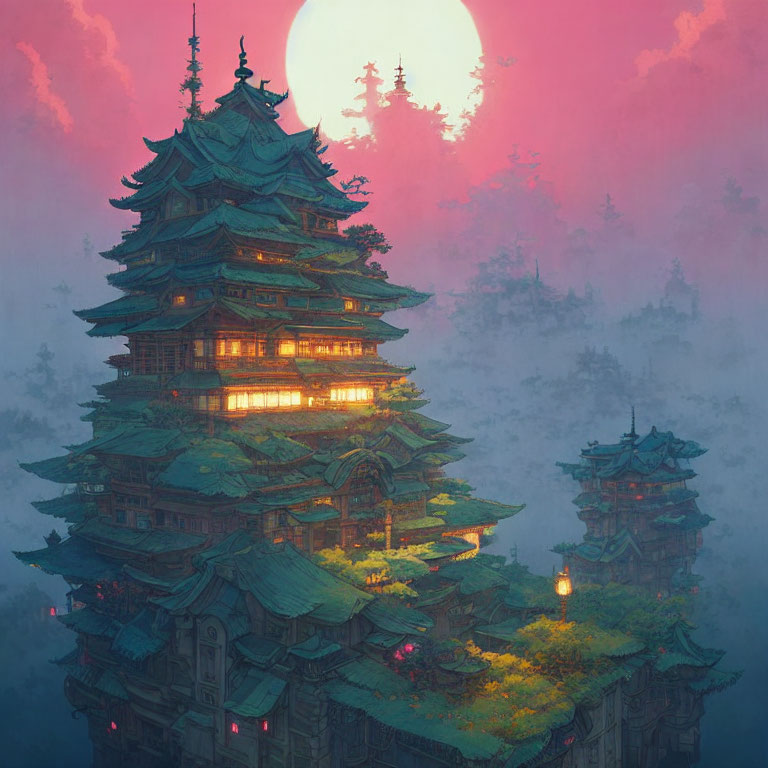 Ancient multi-tiered pagoda in mystical forest at dusk