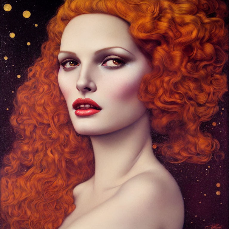 Vibrant red curly hair woman portrait on starry background