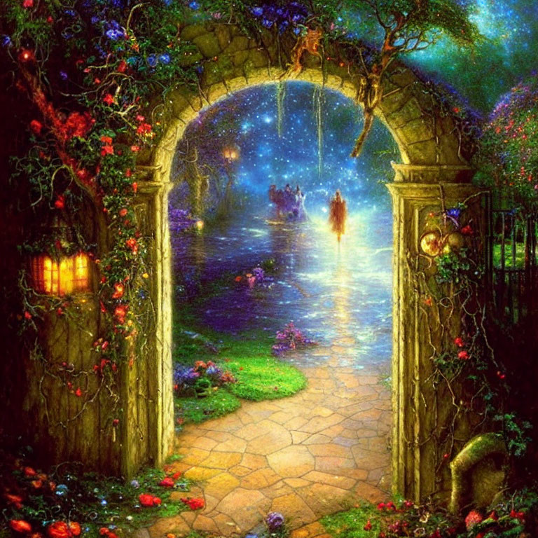 Enchanting garden path with mystical arch gateway, radiant flowers, lanterns, starry night sky