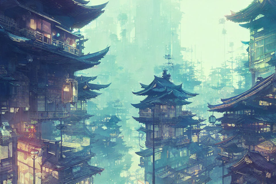 Asian-inspired cityscape with pagoda-like buildings in mystical fog