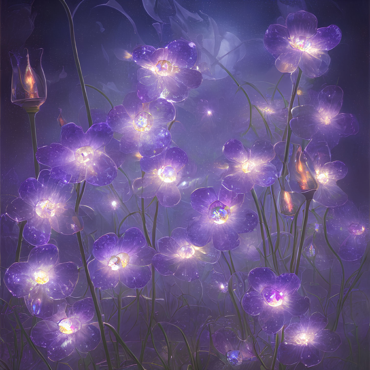 Purple illuminated flowers and fantasy lanterns in a magical setting