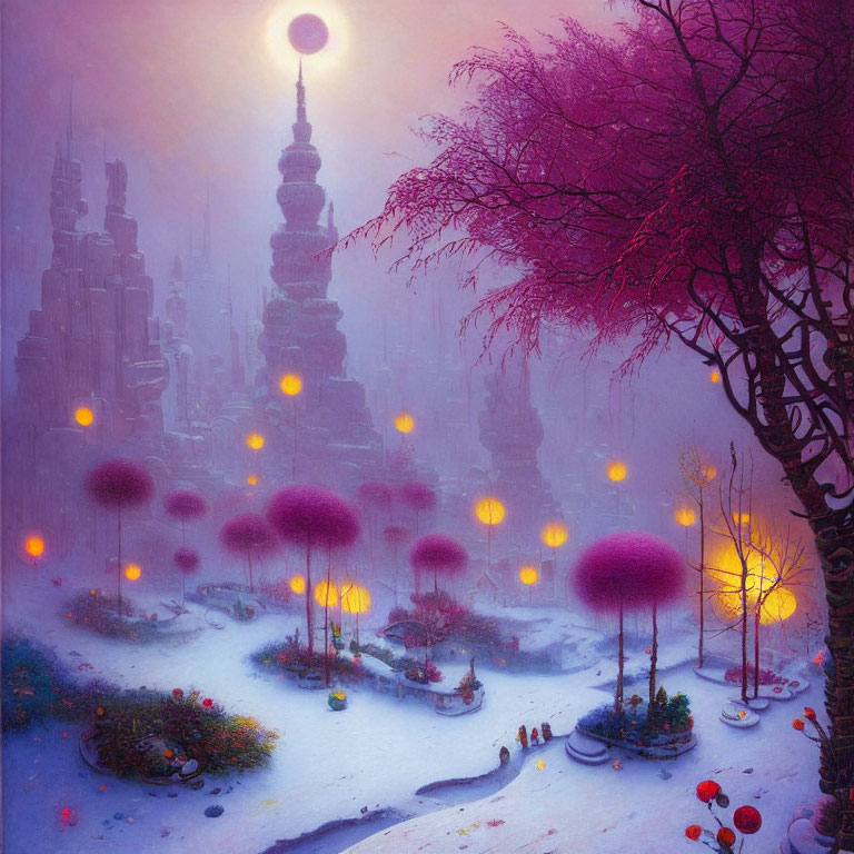 Winter landscape with pink foliage, glowing orbs, snow, and misty spires under pale sun