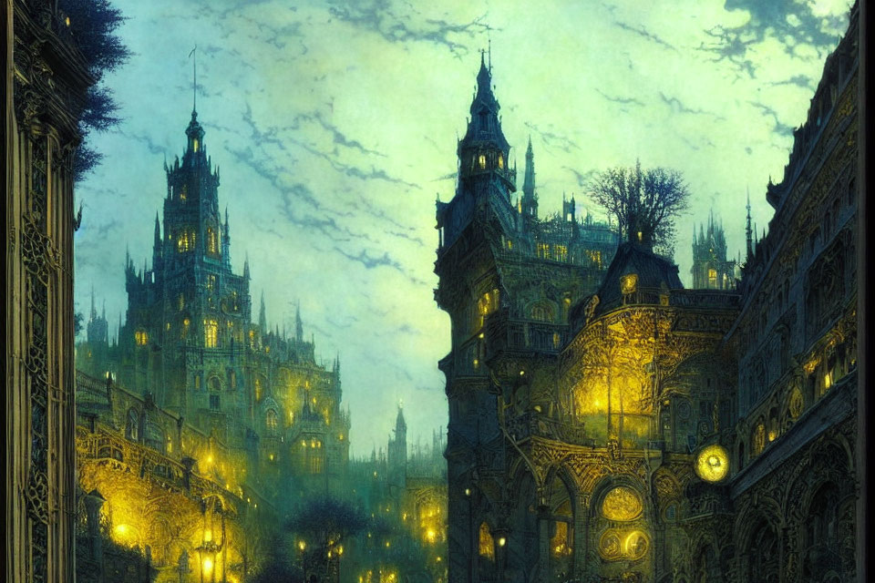Gothic-style castle illuminated by warm lights in misty twilight.