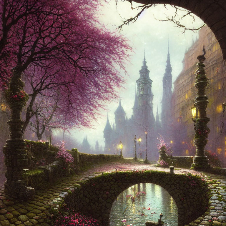 Old city with pink trees, cobblestone paths, arched bridge, Victorian buildings in mist