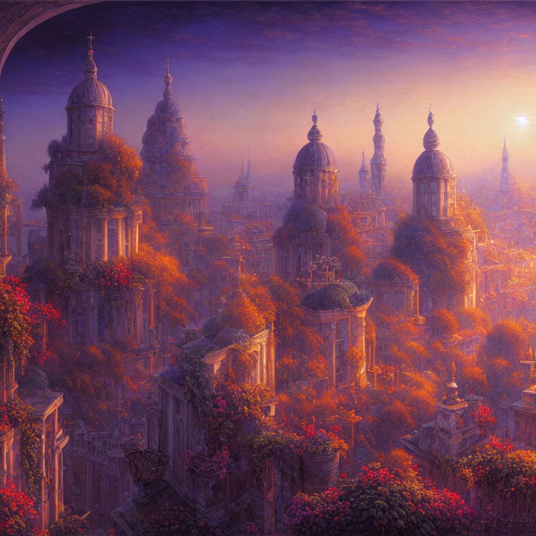 Fantastical cityscape at dusk with ornate buildings and vibrant flora.
