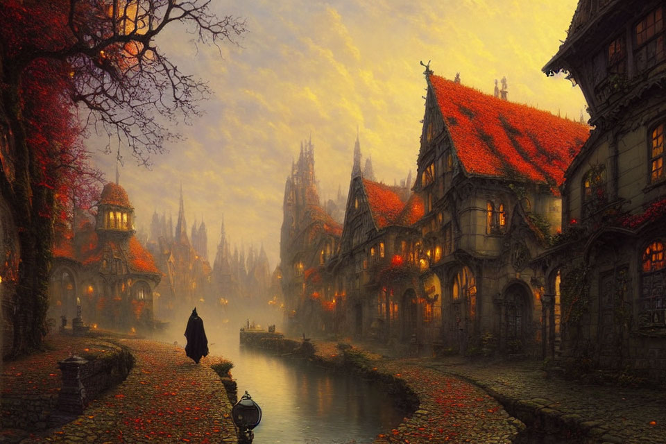 Cloaked figure walking by canal lined with quaint houses under golden, misty sky