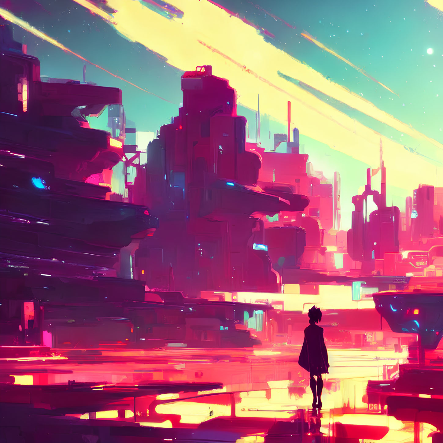 Solitary figure in front of vibrant neon-lit futuristic cityscape