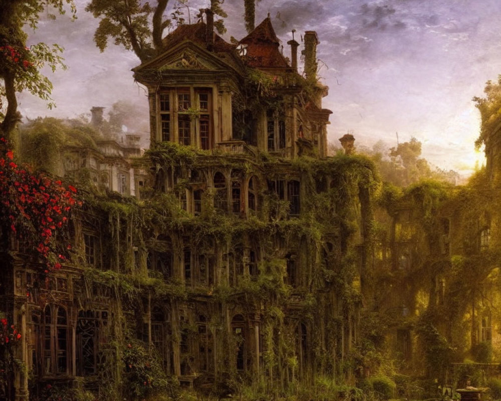 Victorian mansion covered in ivy and vines at twilight with wild garden.