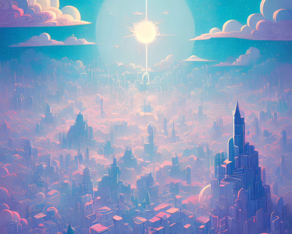 Colorful fantastical cityscape with whimsical sunlit clouds and surreal skyscrapers