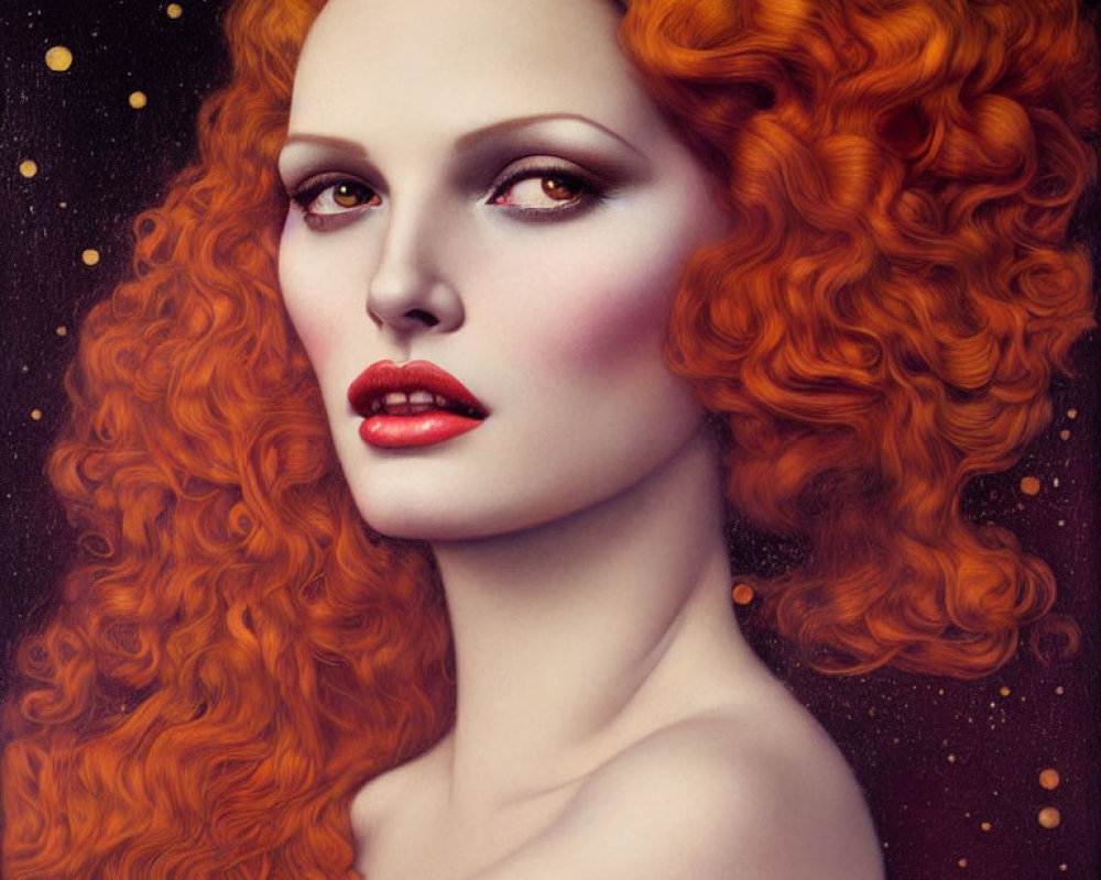Vibrant red curly hair woman portrait on starry background