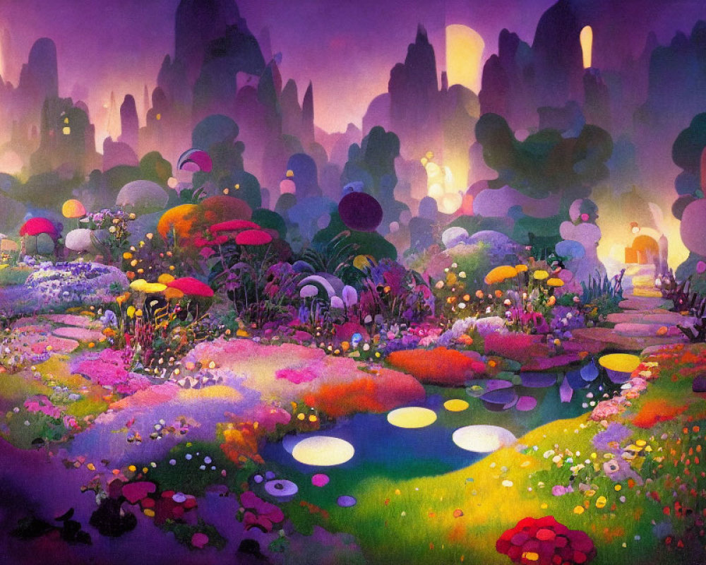 Colorful Landscape with Whimsical Flora, Glowing Lights, and Mysterious Path Towards Shadow