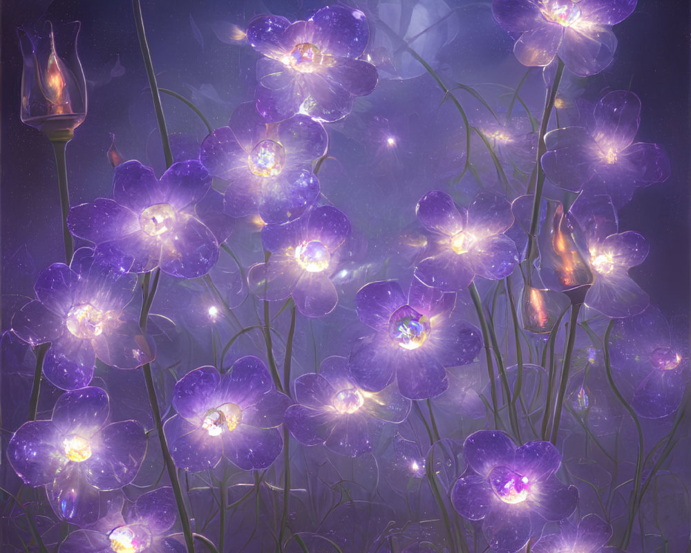 Purple illuminated flowers and fantasy lanterns in a magical setting