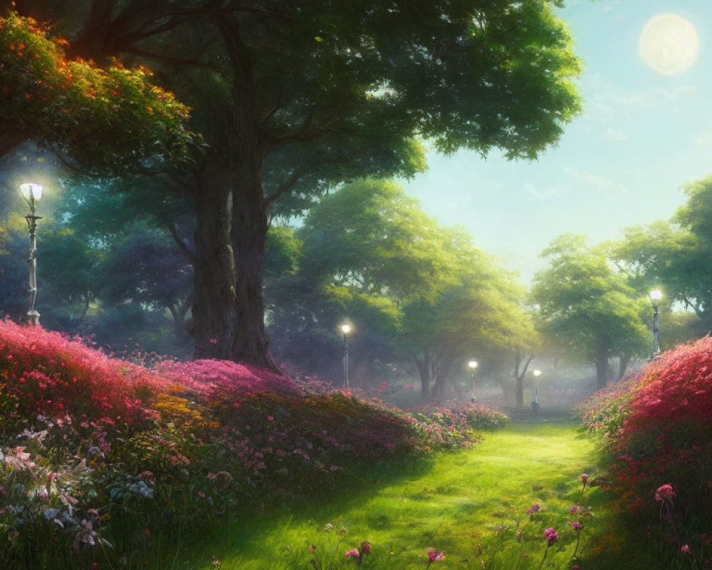 Tranquil park scene with pink flowers, green trees, and glowing lampposts