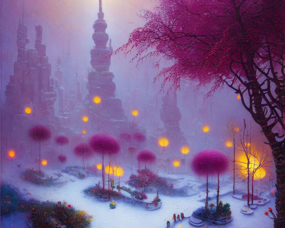 Winter landscape with pink foliage, glowing orbs, snow, and misty spires under pale sun