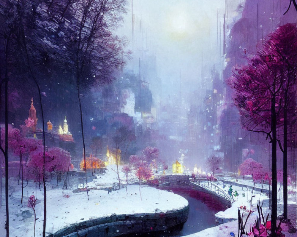 Snowy futuristic cityscape with pink blossoming trees and glowing streetlights
