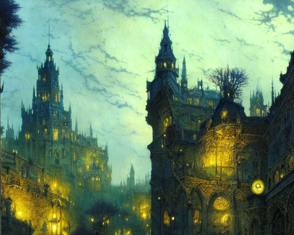 Gothic-style castle illuminated by warm lights in misty twilight.