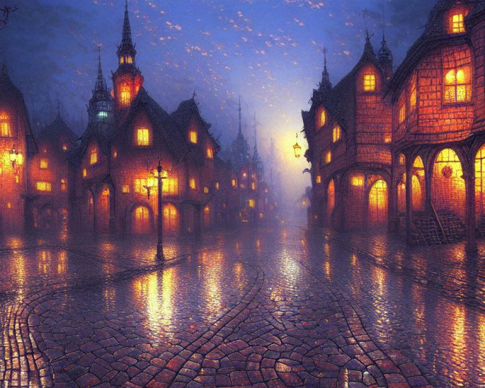 Medieval village cobblestone street at dusk with lantern-lit houses