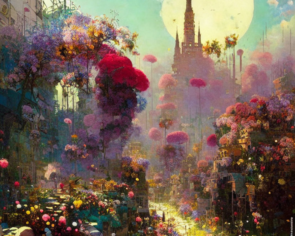 Colorful fantasy cityscape with towering spires and vibrant trees under a pale yellow moon