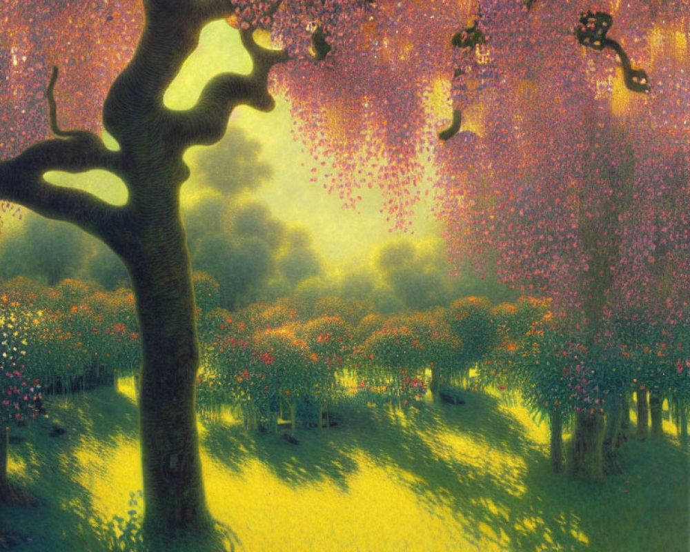 Whimsical painting of twisted tree with pink blossoms in dreamy light